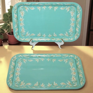 Vintage Set of 3 Pale Turquoise Off White and Gold Aluminum Serving Trays