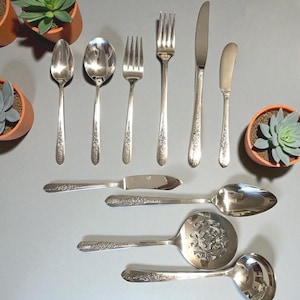 May include: A collection of silver-toned stainless steel flatware featuring ornate floral detailing on the handles. The set includes various spoons, forks, a dinner knife, a butter spreader, a serving spoon, a slotted spoon, and a ladle.