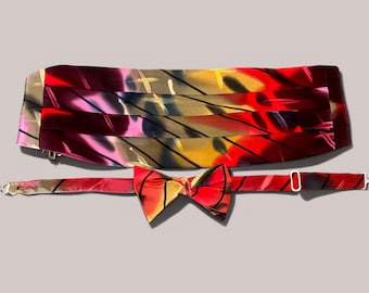 Vintage Robert Daskal Hand-Painted Silk Cummerbund and Bow Tie – Abstract Wearable Art in Original Box