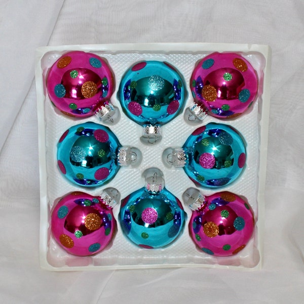 Vintage Set of 8 Sparkling Creations Glass Pink and Blue Polka Dot Ornaments