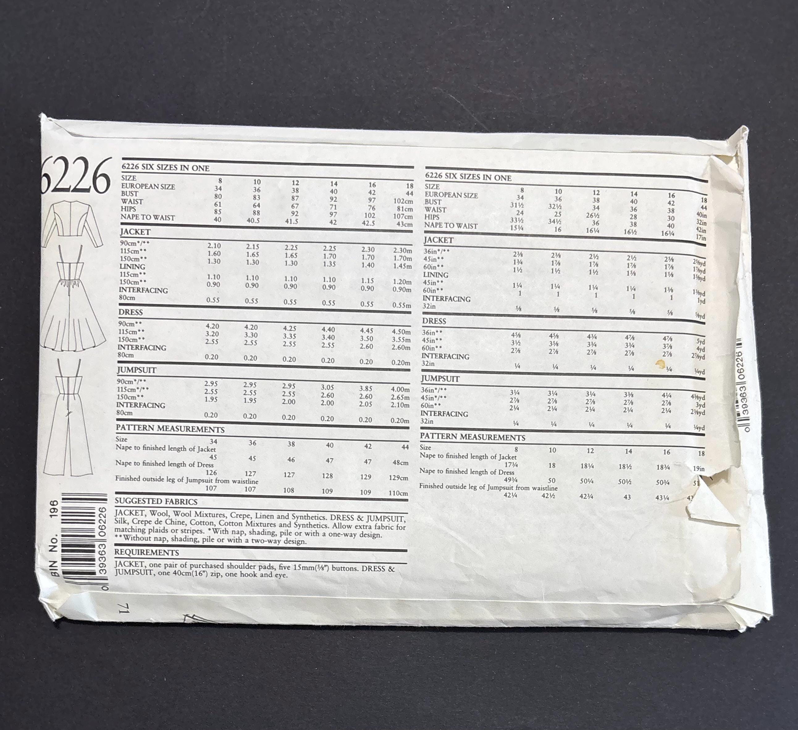 Vintage New Look Sewing Pattern 6226 Misses Jacket Dress and Jumpsuit ...