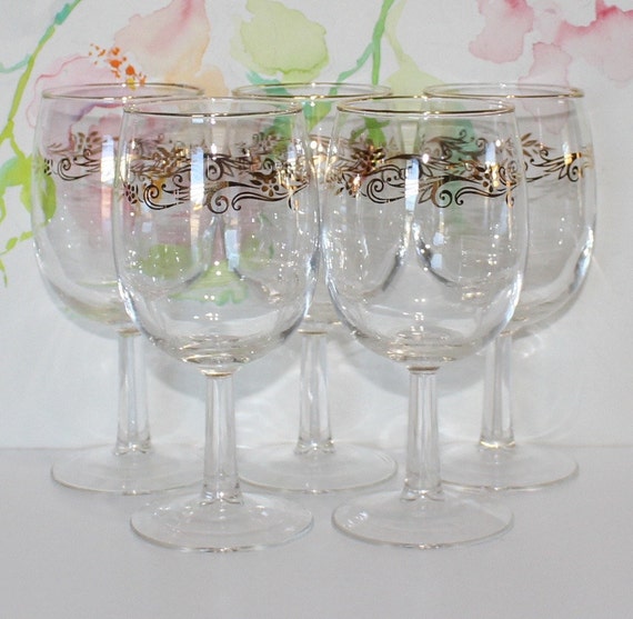 Vintage Set of 5 Floral Gold Trim Wine Glasses Gold Rim Etsy