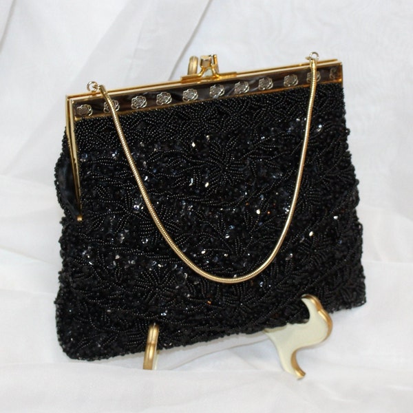Pretty Vintage Black Sequin and Beaded Clutch / Wrist Purse