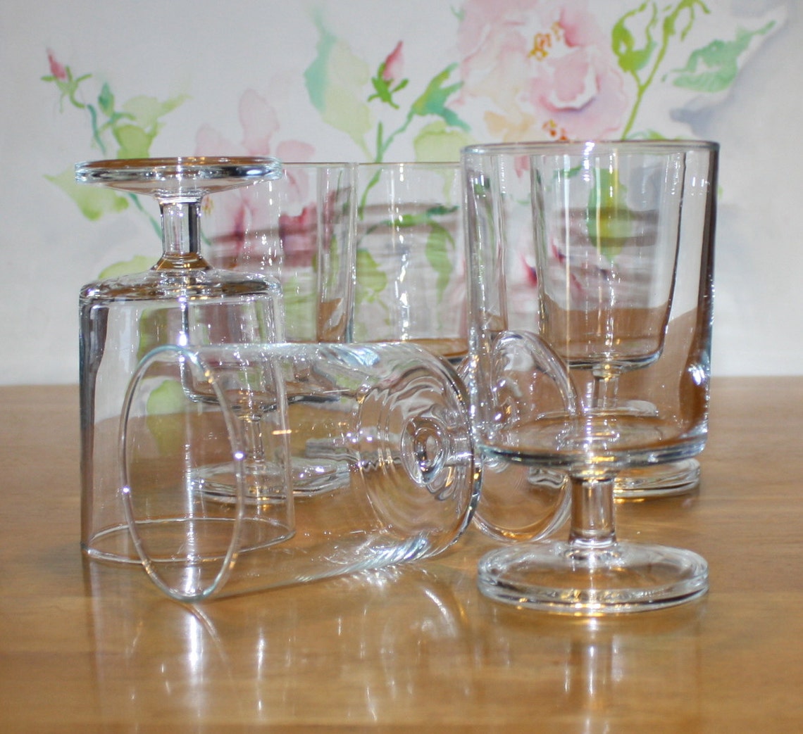 Tall Vintage Wine Glasses 6 Flat Bottom Stemmed Glasses Etsy