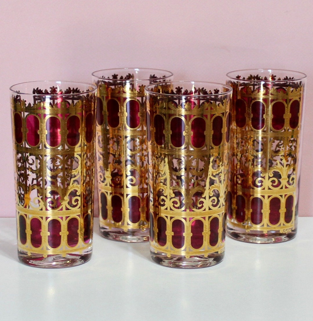 Vintage Set of 4 Culver Flat Cranberry Scroll Tumblers - Etsy
