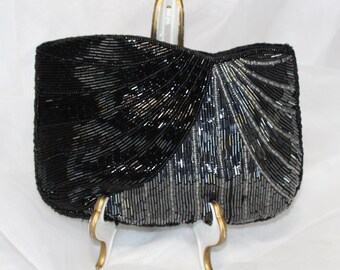 Vintage La Regale Black and Silver Gray Beaded Clutch