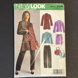 May include: New Look sewing pattern 6519, size A 10-22, featuring designs for a long-sleeved jacket with a mandarin collar, a skirt, trousers, and a round handbag. The envelope displays illustrations of these garments in red, purple, and blue floral patterns, along with black trousers and a matching bag.