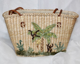 Sweet Vintage Cappelli Embellished Monkey and Palm Tree Straw Purse