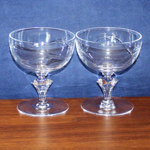 Vintage Pair of Tiffin Bolero Leaf Cut Bowl, Multi Sided Knob Stem Champagne Glasses