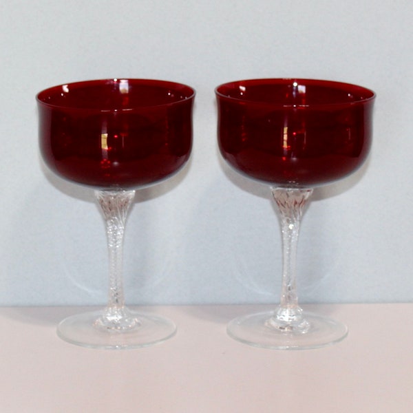 Pretty Vintage Pair of Colony Saturn, Red Champagne Glasses with Twist Stem