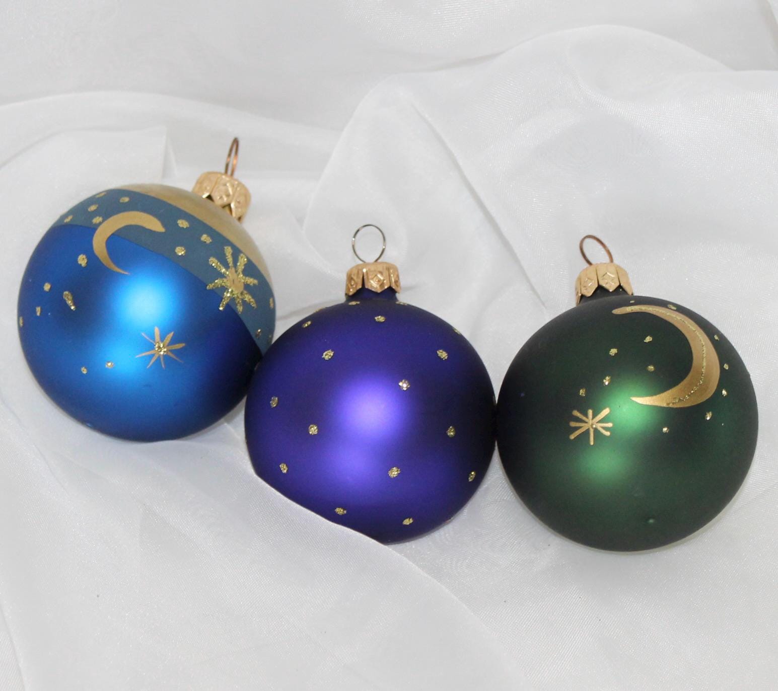 Vintage Set of 3 Mixed Color Satin and Glitter Glass Ornaments From Poland