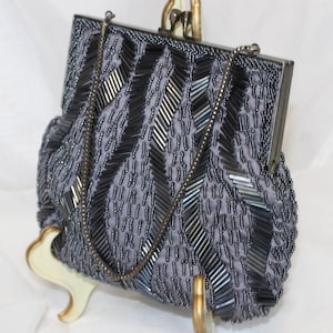 Pretty Vintage Blue Gray Beaded Satin Clutch with Chain