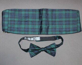 Vintage Daniel Crémieux Silk Bow Tie and Cummerbund Set Blue Green and Black