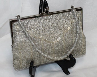 Pretty Vintage Walborg Silver and Clear Beaded Clutch with Beaded Handle