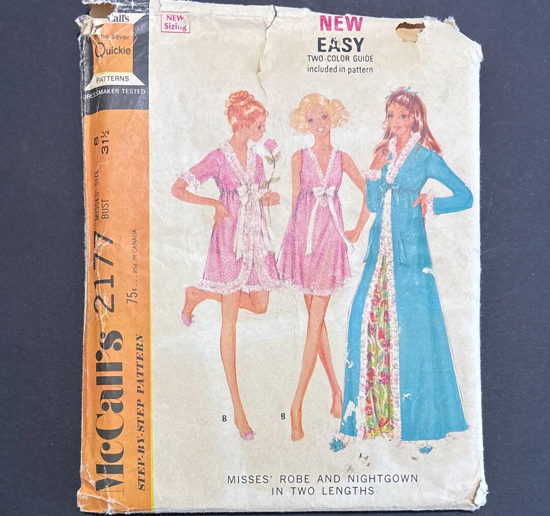 Vintage 1969 Mccall's Robe & Nightgown Sewing Pattern 2177, Size 8 ...