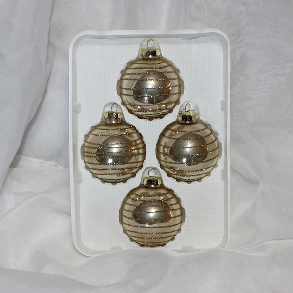 Vintage Set of 4 Gold Glitter Glass Ornaments