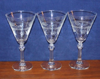 Beautiful Set of 3 Vintage Libbey Floral and 3 Ring Cut Water Goblets, Knob Stem, Stardust