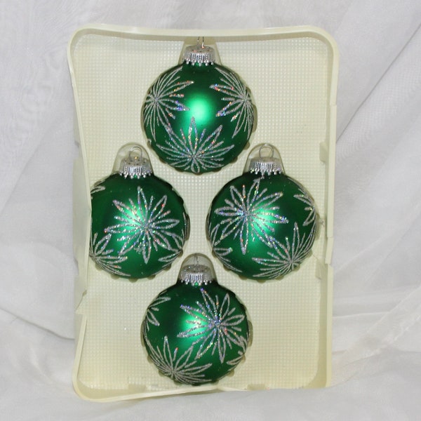 Sweet Vintage Set of Green Christmas by Krebs Glass Christmas Ornaments with Iridescent Glitter Design