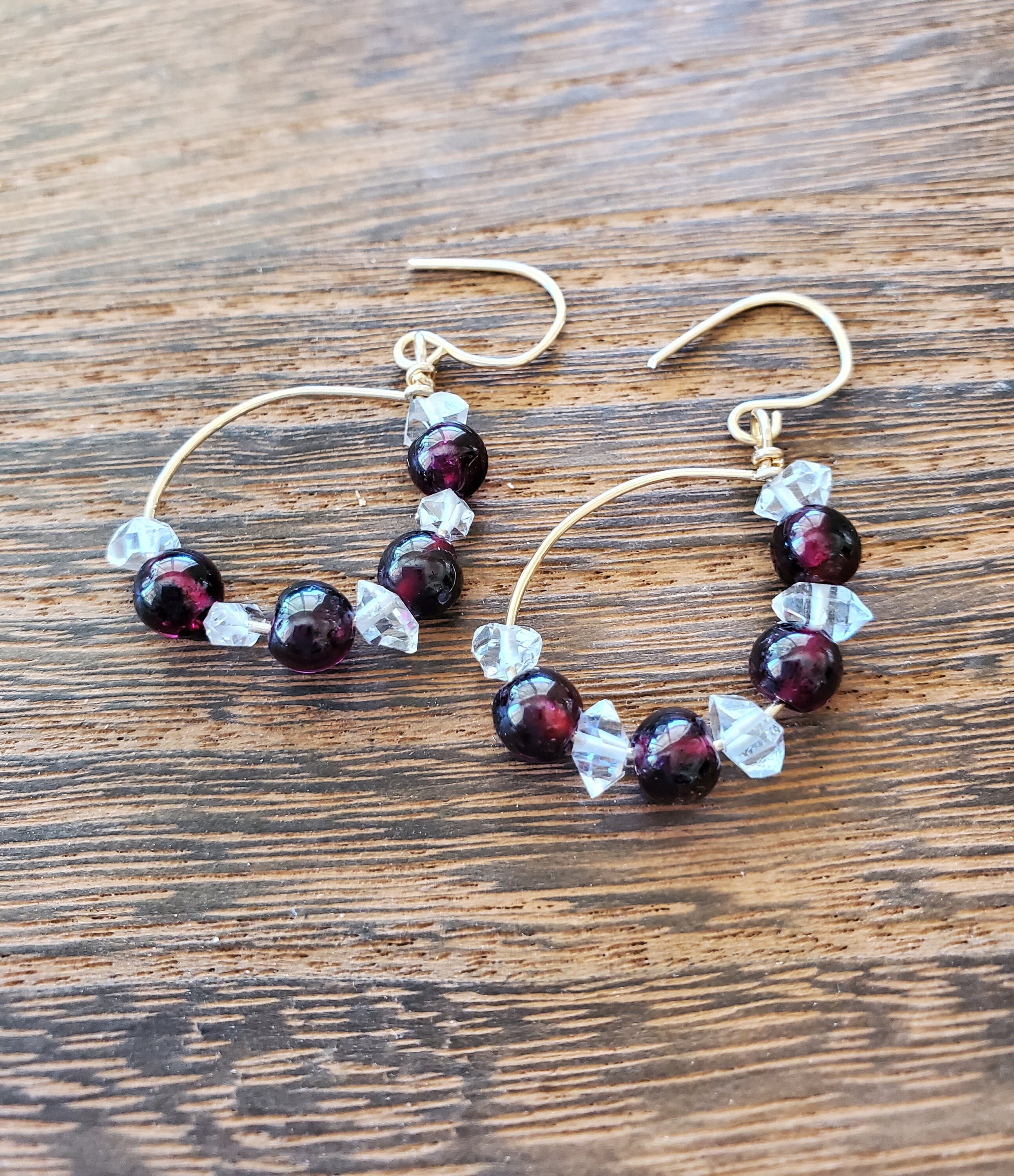 Garnet and Herkimer Quartz in Gold earrings/ wirewrap/ handmade/ Garnet/ Herkimer Diamonds/earrings/gold/ unique