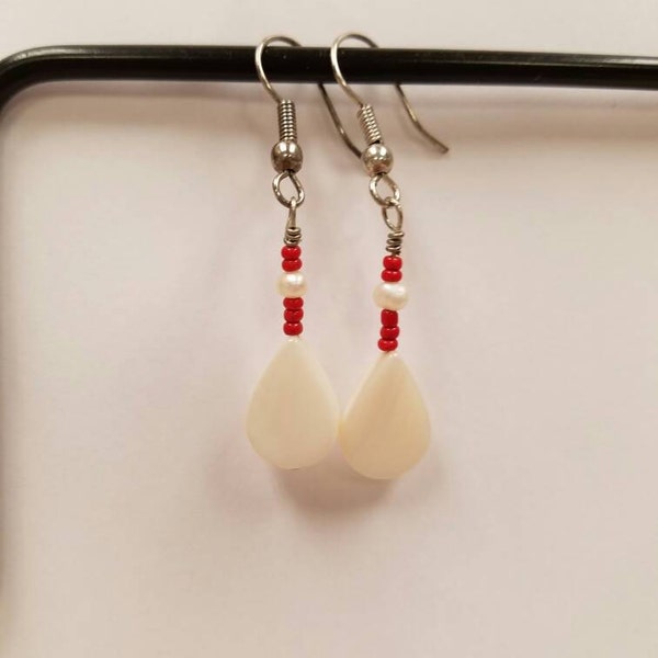 Native American inspired mother of Pearl, Coral and Pearl Drop earrings