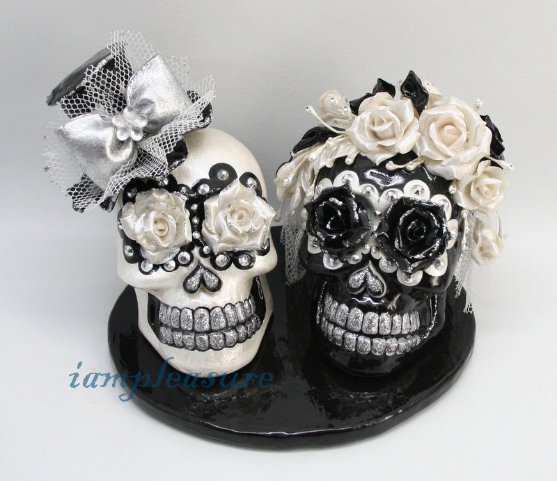 Skulls roses purple and white day of dead weddings cake topper handmade bride and groom