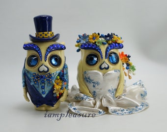 Owl weddings navy blue & yellow cake topper handmade bride and groom