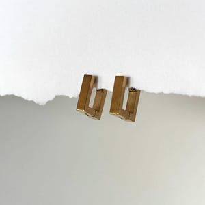 May include: A pair of gold-colored, geometric earrings. Each earring has a rectangular shape with a small, hinged clasp. The earrings are displayed on a white background with a torn edge.
