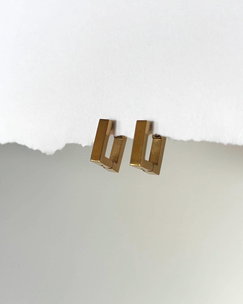 May include: A pair of gold-colored, geometric earrings. Each earring has a rectangular shape with a small, hinged clasp. The earrings are displayed on a white background with a torn edge.