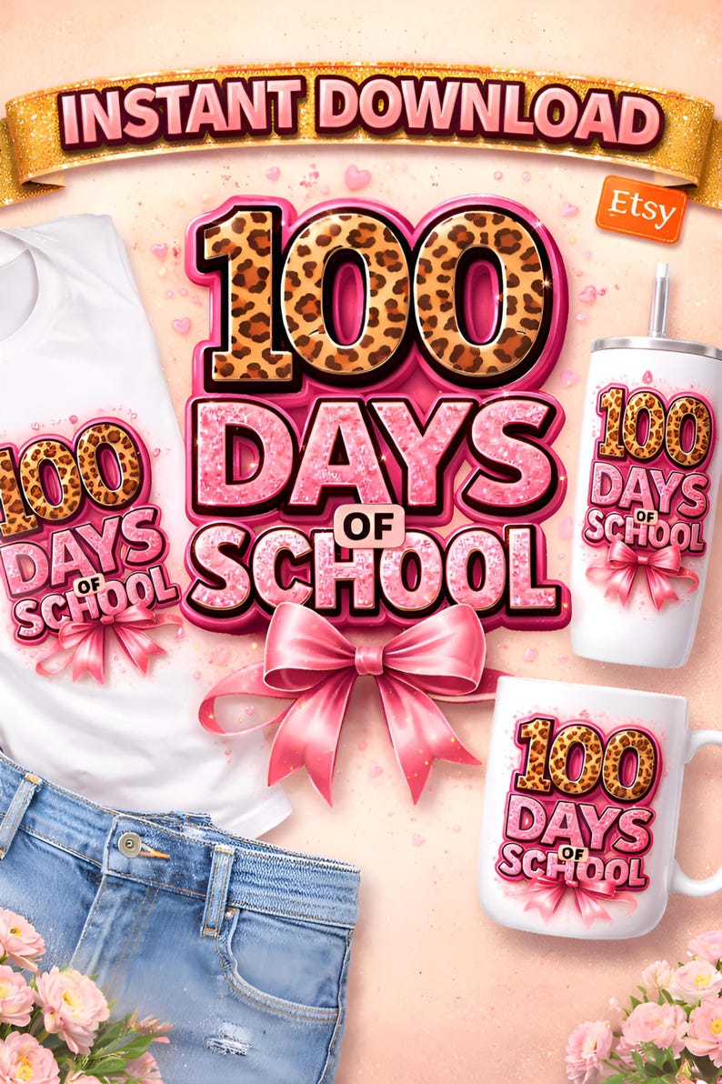 100 Days of School Leopard Pink Design | 100th Day of School Shirt PNG ...