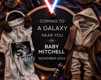 Plantilla de anuncio de embarazo de Star Wars / Revelación de bebé / Anuncio de bebé galáctico / Revelación editable para redes sociales