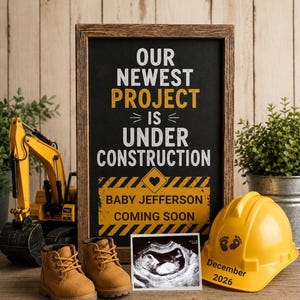Baby Under Construction Pregnancy Announcement, Construction Theme Baby Reveal Template, Editable Canva Ultrasound Announcement