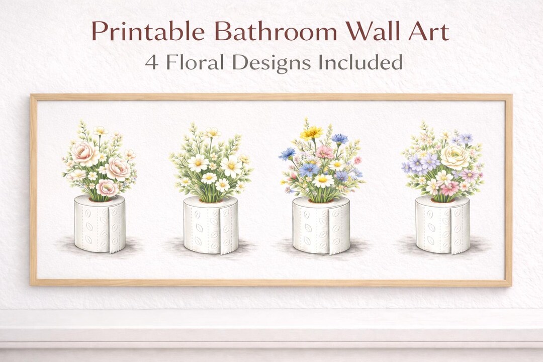 Printable Bathroom Wall Art Set, Toilet Paper Vase Floral Prints ...