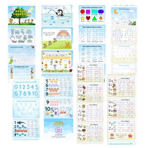 May include: A collection of educational activity sheets titled Petits Traceurs, featuring colorful illustrations, dotted lines for tracing letters, numbers, and shapes, and various exercises designed for early childhood learning and writing practice.