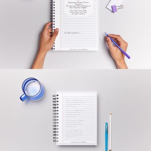 Peut inclure: Un carnet à spirales avec des pages lignées présentant une icône de cœur rose et le titre Apprendre l'Écriture Cursive Française. La couverture inclut le sous-titre Learn French Cursive Writing Through Classic French Poems and English Translations.