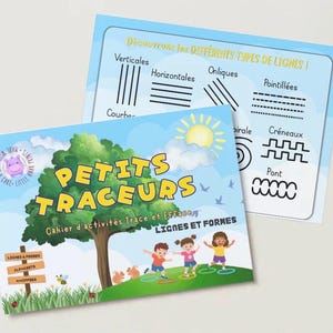 May include: Two educational activity cards featuring the title Petits Traceurs, Cahier d'activités Trace et Efface, Lignes et Formes. The cards display a large green tree, three children playing, a yellow sun, and a guide showing various line types.