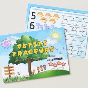 May include: A light blue educational activity book titled Petits Traceurs Cahier d'activités Trace et Efface Chiffres featuring a large green tree, a yellow sun, and four children on a grassy hill, with an interior page showing numbers and sea creatures.