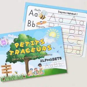 May include: A set of two educational activity booklets titled Petits Traceurs, featuring a large green tree, a yellow sun, and illustrations of children. The pages include dotted lines for tracing letters of the alphabet, with French words like Abeille and Baguette, and a signpost labeled with categories like Lettres & Peines.