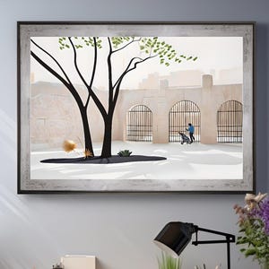 Serene Courtyard Scene with Leafless Tree and Stroller in Soft Tones - A Minimalist Digital Art Piece for Kids