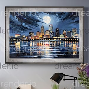 Vibrant City Skyline at Night with Luminous Moon and Reflections Colorful Impressionistic Digital Art for Wall Decor