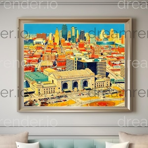 Vibrant Aerial Downtown Kansas City Cityscape - Bold Colors and Urban Charm in Printable Digital Art for Instant Download Wall Decor