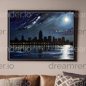 Serene Nighttime Cityscape with Full Moon and Reflective Waters Vibrant Digital Art for Instant Download Wall Décor