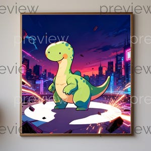 Cheerful Dinosaur in Dynamic Urban Landscape - Colorful Skyscrapers with Neon Lights and Action-Packed Energy