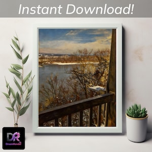 May include: A framed landscape print featuring a river scene with snow-covered banks and trees. The artwork is in a white frame, with the text "Instant Download!" at the top. A sprig of greenery and a small succulent in a white pot are on the left and right.
