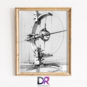 May include: A black and white architectural sketch in a wooden frame depicting a large, circular mechanical structure with thin lines, geometric shapes, and a central horizontal rod, set against a plain white background with faint horizon lines.