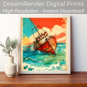 Puede incluir: Impresión digital enmarcada que representa un barco en apuros en el mar. La obra de arte representa un barco rojo y blanco inclinado en olas turquesas bajo un cielo naranja y azul vibrante. El texto "DreamRender Digital Prints High Resolution - Instant Download!" está en la parte superior.