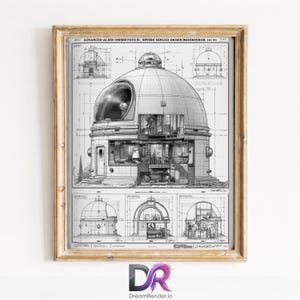 Op de afbeelding: Een ingelijste zwart-wit technische tekening met de titel ADVANCED ALIEN OBSERVATORY B. RIVERS EXILED ON BENJAMINSSBOK 180 80. Het kunstwerk toont een grote koepelstructuur met dwarsdoorsneden, gedetailleerde architecturale schema's en rasterlijnen.