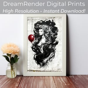 Puede incluir: Impresión digital enmarcada con una ilustración en blanco y negro de una mujer con cabello suelto y un globo rojo. La obra de arte está sobre un fondo texturizado y enmarcada en blanco. El texto "DreamRender Digital Prints High Resolution - Instant Download!" está en la parte superior.