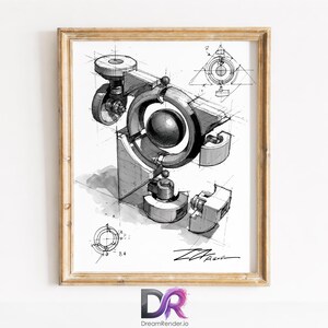 May include: A black and white technical sketch in a wooden frame depicting a mechanical assembly with a central sphere, circular rings, and geometric support structures. The drawing includes detailed construction lines, cross-section diagrams, and a signature at the bottom right corner.
