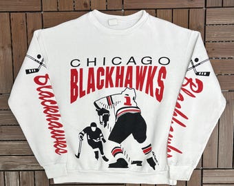Chicago Blackhawks Vintage 90er Jahre Weißer AOP Crewneck Sweater Gr. XL