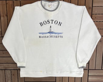 Boston, Massachusetts Leuchtturm bestickt Vintage 90er Jahre Weißes Sweatshirt mit Rundhalsausschnitt, Größe L